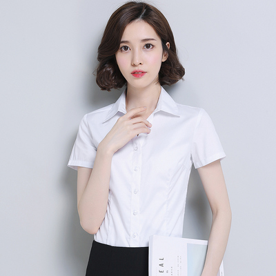 新款白衬衫女短袖V领衬衣棉夏装职业修身纯色工作服韩版正装寸衫
