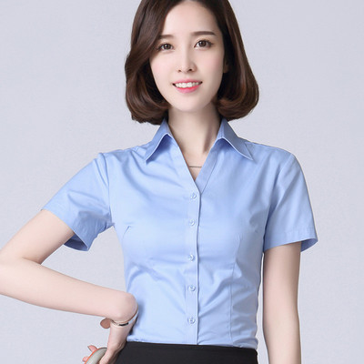 Vanled短袖衬衫女夏季职业装棉上班工作服娃娃领寸衫修身显瘦半袖白衬衣 S 蓝色V领 Vanled女士衬衫【价格 图片 品牌 报价】-苏宁易购